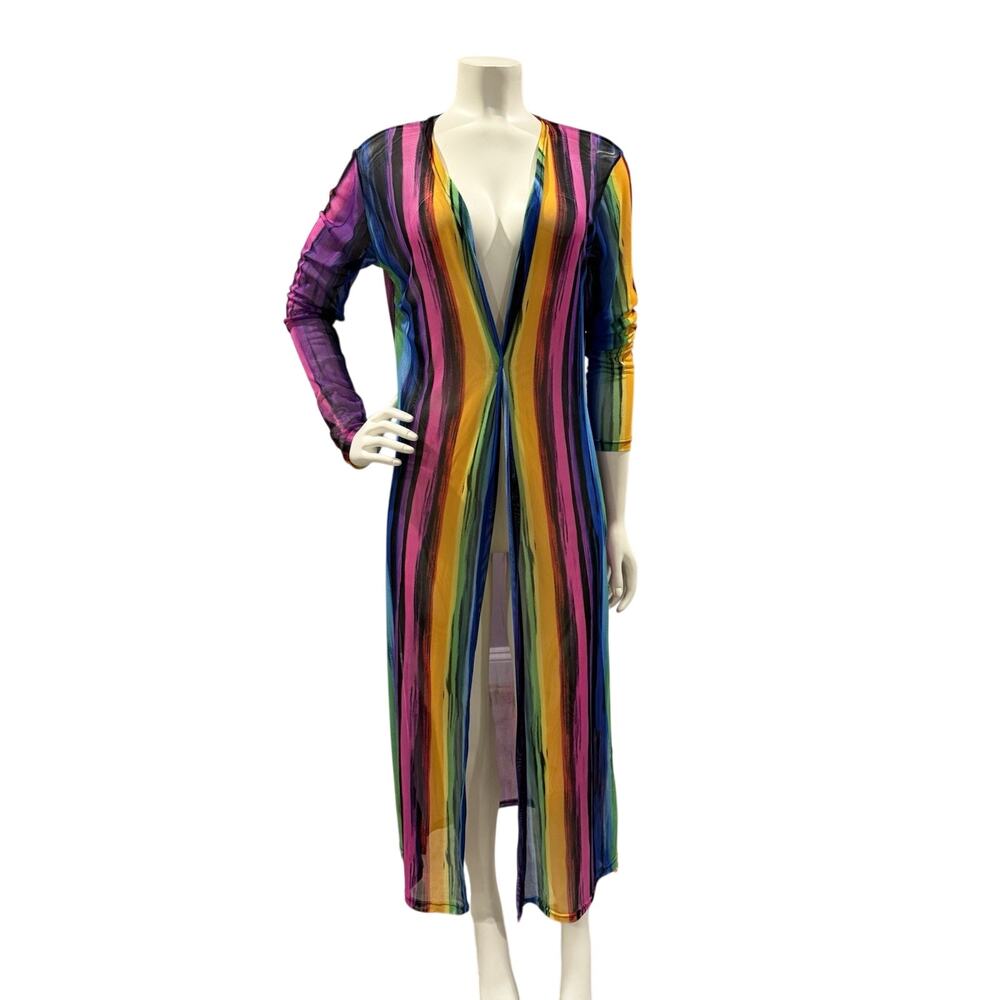 Vibrant Rainbow Long Kimono Cardigan - Sheer Artistic Boho Duster - Size M